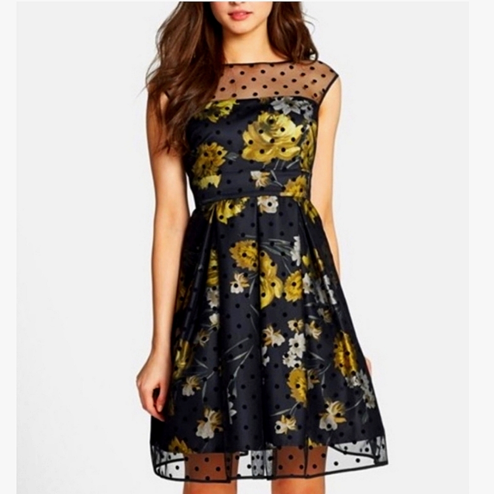 Eliza J Illusion Dot Print Charmeuse Fit & Flare Dress
